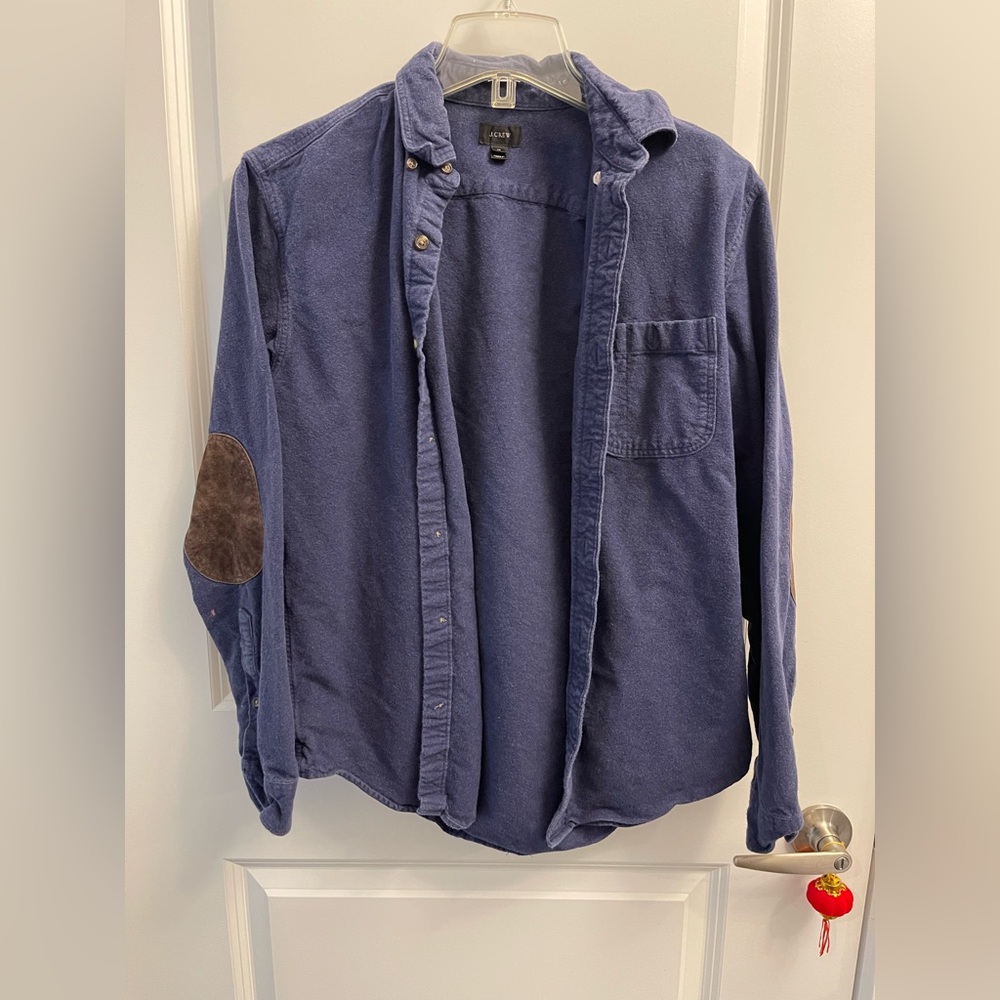 J. Crew Blue Casual Button Down Shirt Jacket with Brown Elbow Patches